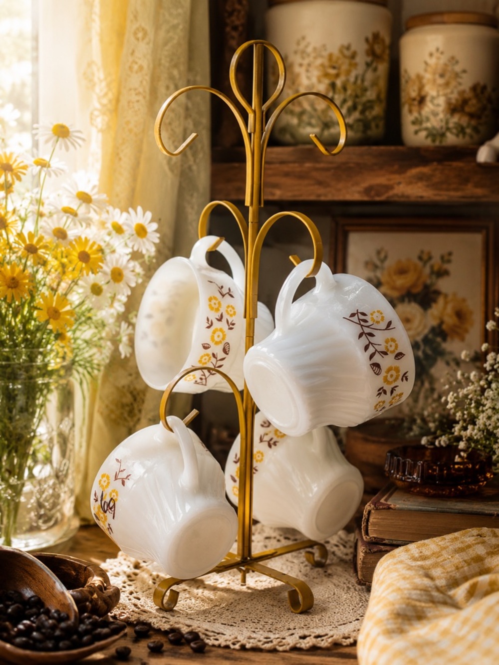 Vtg Termocrisa Floral Milk Glass Mug Tree Set w/ Stand, Cottagecore Coffee Bar